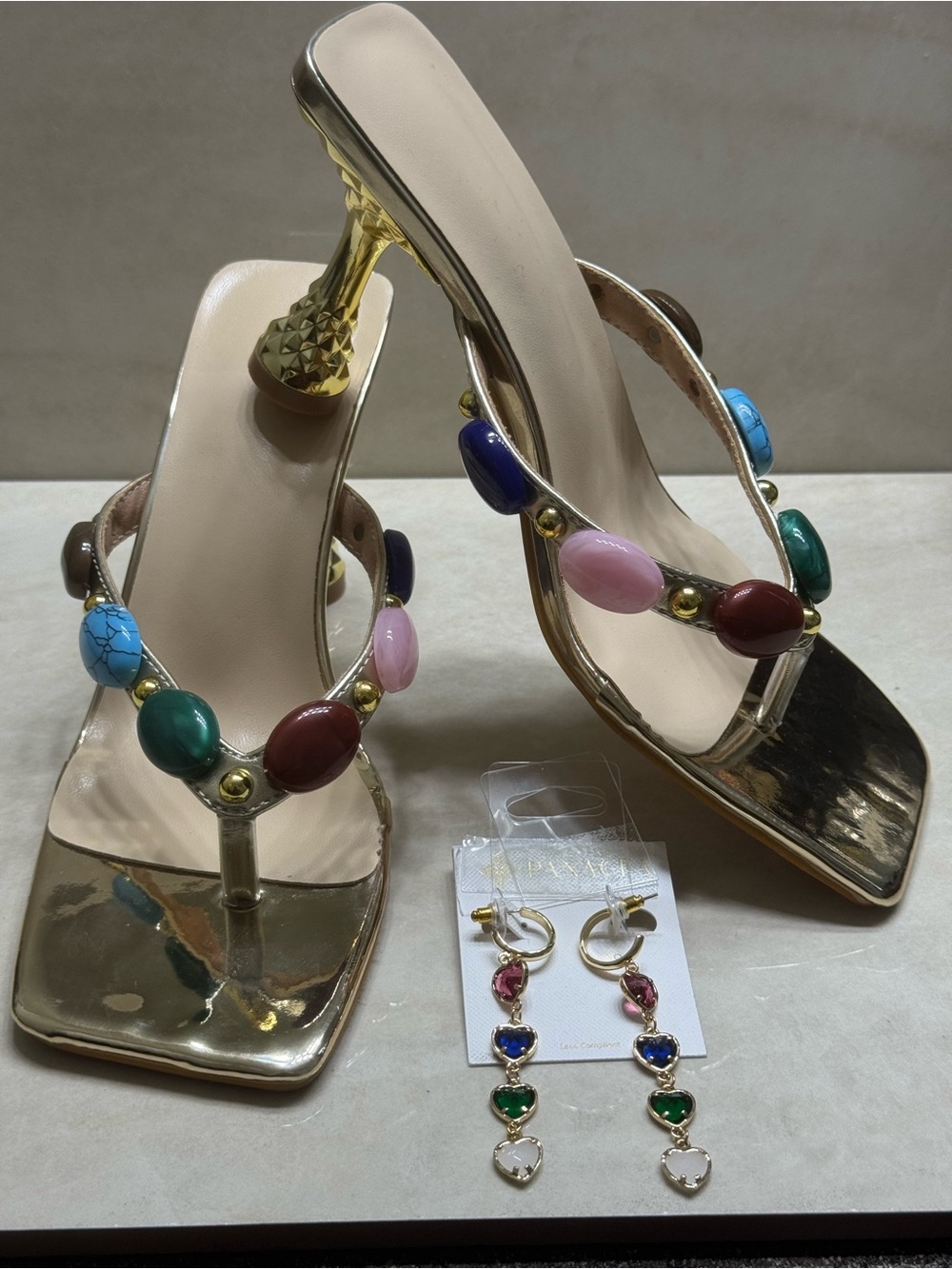 Bundle Deal/Gold-Accent Multi-Color Slide Heels & Dangling Earrings.